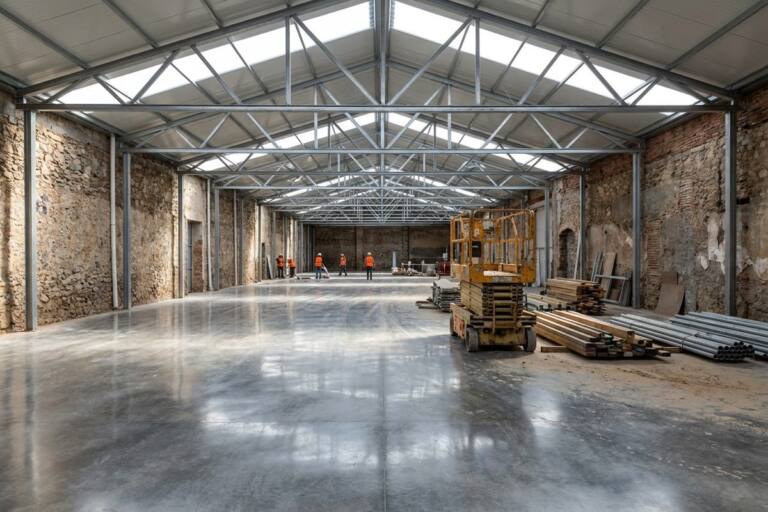 Nave industrial en reforma con nueva cubierta y solera